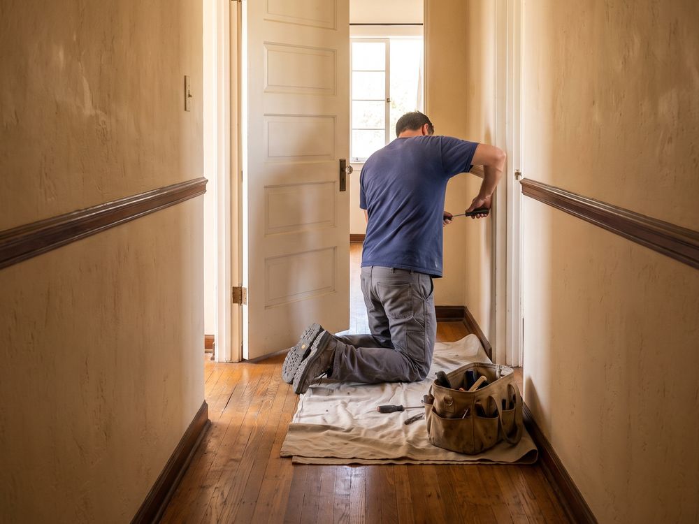 Seen down a hallway, a handyman kneeling at the latch side of a bedroom door, his tool bag on a drop cloth beside him