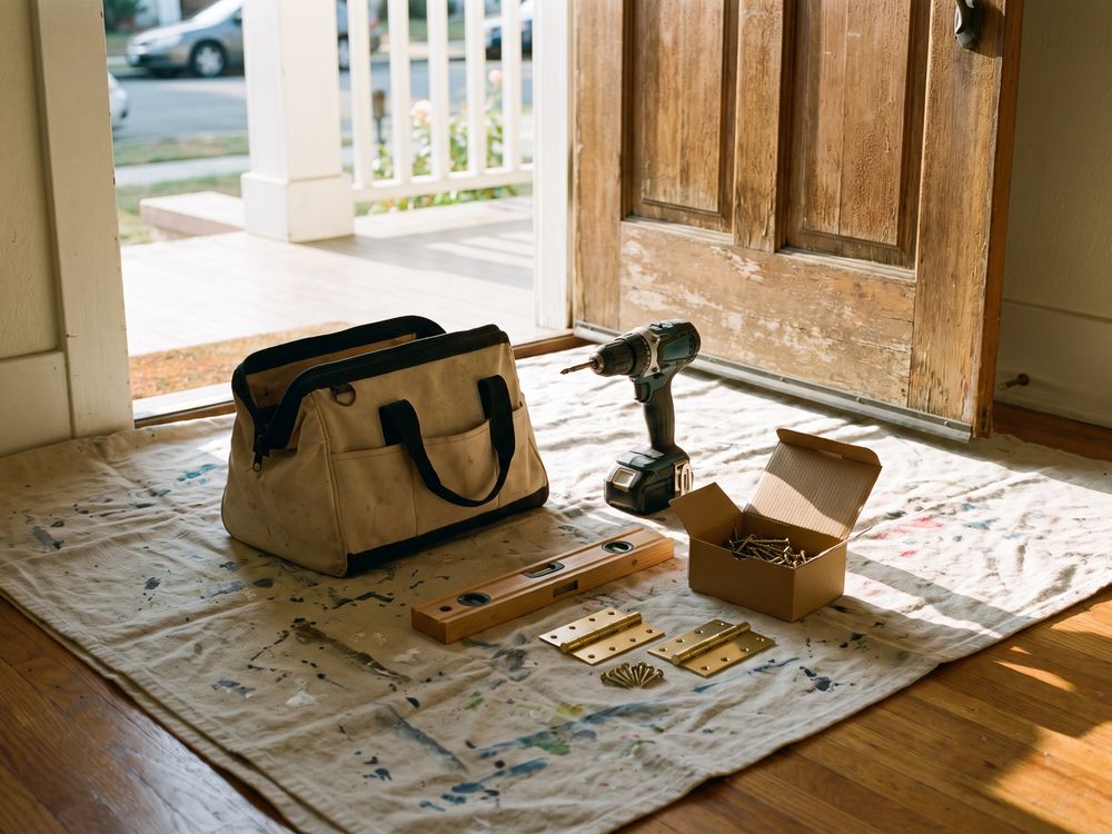 A tool bag, drill, level and new hinges laid out on a drop cloth inside a front door