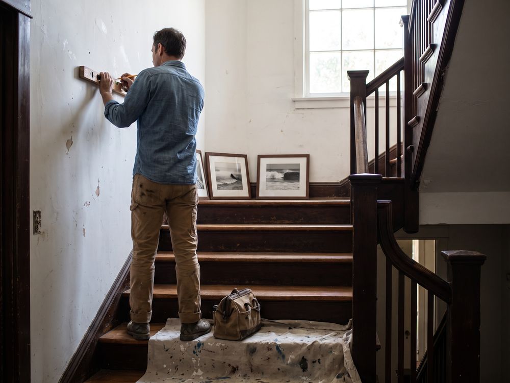 Seen from the foot of the stairs, a handyman marking a level line on the stair wall, three frames waiting on the step above
