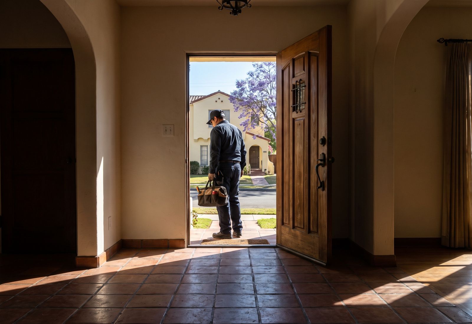 Seen from a tiled entry hall, a handyman with a tool bag at an open front door on a sunny street