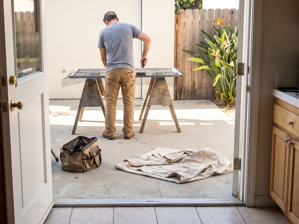 Seen through an open back door, a handyman on the patio rolling new mesh into a window screen on sawhorses