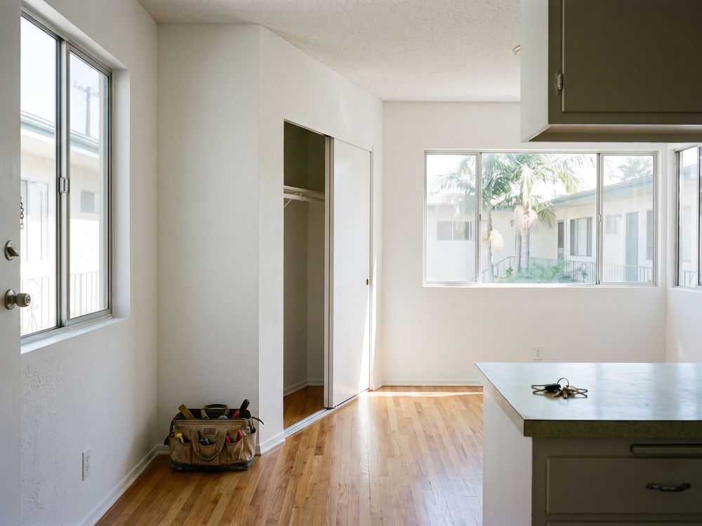 An empty, freshly painted Los Angeles apartment with a tool bag by the door and keys on the counter